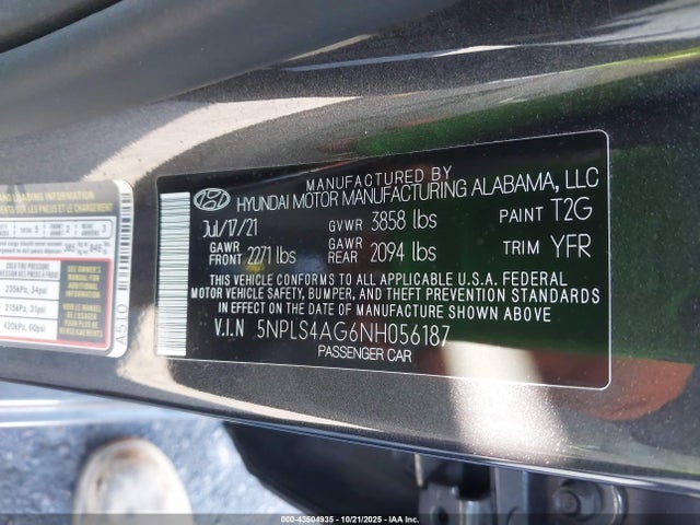 5NPLS4AG6NH056187 Hyundai ELANTRA SEL