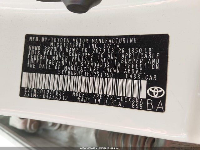 5YFBURHE1FP254350 Toyota Corolla S Plus