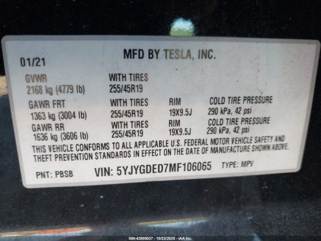 2021 TESLA MODEL Y 5YJYGDED7MF106065 Photo 8