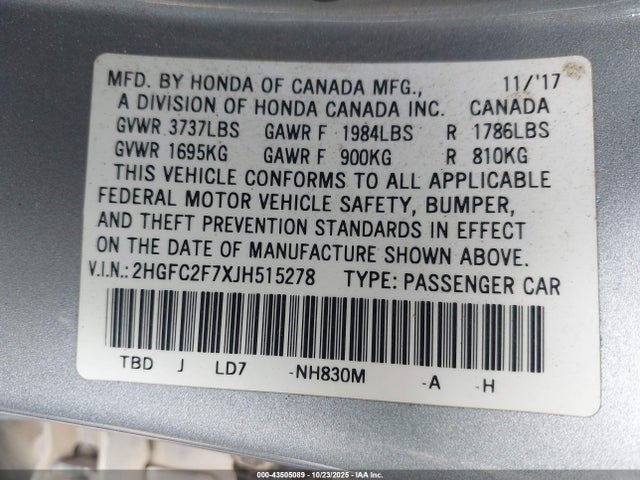 Honda CIVIC EX 2018 2HGFC2F7XJH515278 Image 9