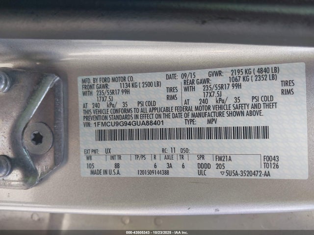 Aukcja sprzedaży 2016 Ford Escape Se, vin: 1FMCU9G94GUA88401, numer aukcji: 43505343