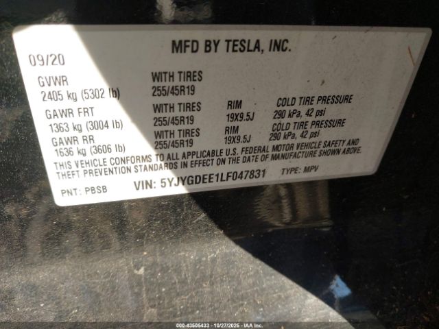 2020 TESLA MODEL Y 5YJYGDEE1LF047831 Photo 8