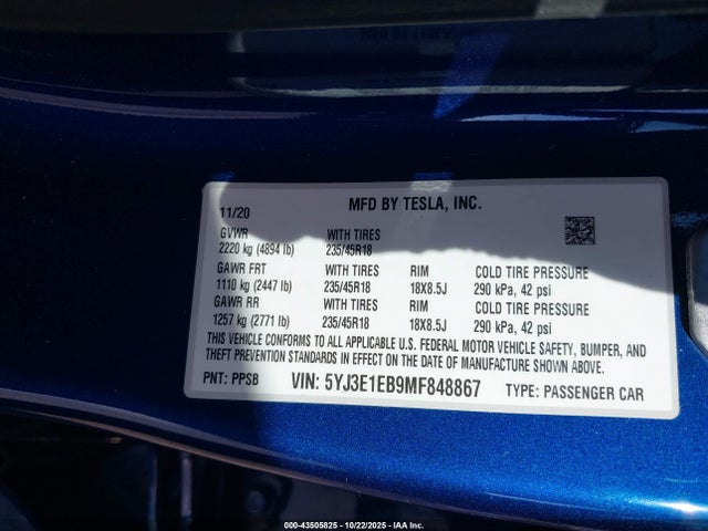 2021 TESLA MODEL 3 5YJ3E1EB9MF848867 Photo 8