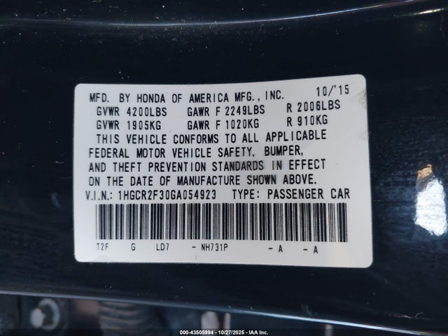 Aukcja sprzedaży 2016 Honda Accord Lx, vin: 1HGCR2F30GA054923, numer aukcji: 43505994