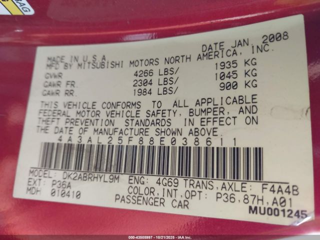 2008 MITSUBISHI ECLIPSE SPYDER 4A3AL25F88E038611 Photo 8