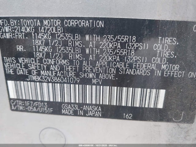 43506105 :رقم المزاد ، JTMBK32V386041079 vin ، 2008 Toyota Rav4 Sport V6 مزاد بيع