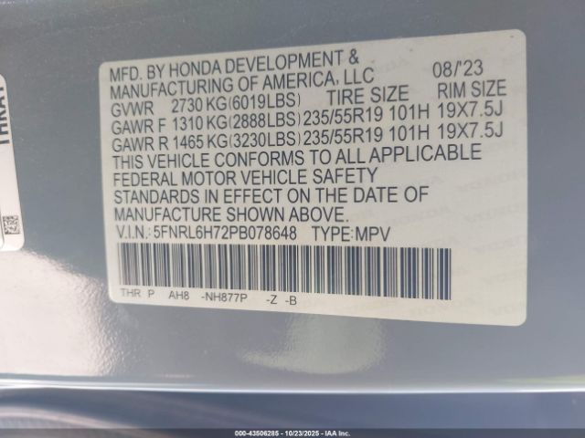 2023 HONDA ODYSSEY 5FNRL6H72PB078648 Photo 8