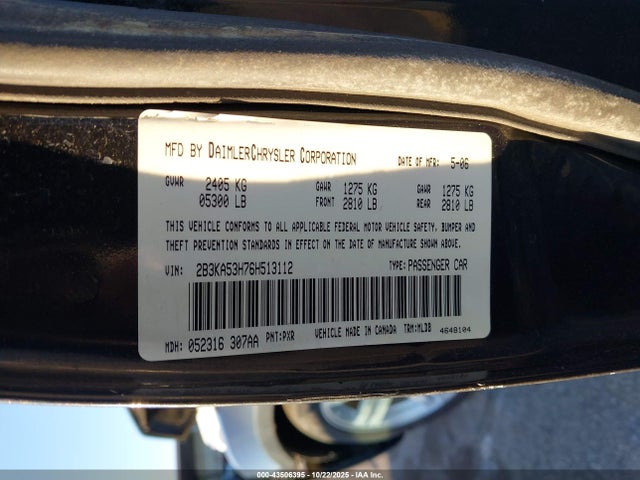 Продажа на аукционе авто 2006 Dodge Charger Rt, vin: 2B3KA53H76H513112, номер лота: 43506395