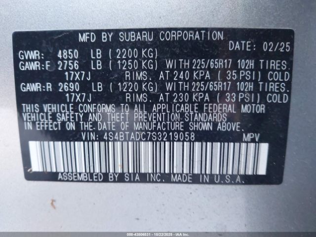 2025 SUBARU OUTBACK 4S4BTADC7S3219058 Photo 8