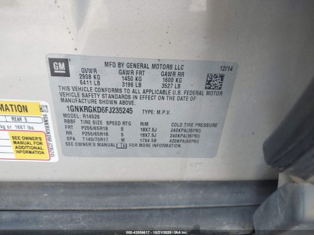 2015 CHEVROLET TRAVERSE 1GNKRGKD6FJ235245 Photo 8