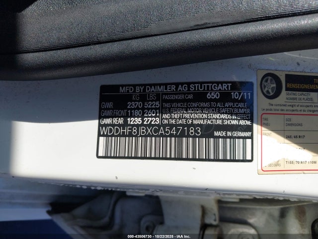 43506730 :رقم المزاد ، WDDHF8JBXCA547183 vin ، 2012 Mercedes-benz E 350 4matic مزاد بيع