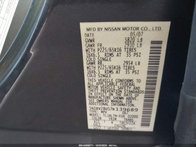 2007 NISSAN QUEST 5N1BV28U57N139689 Photo 8