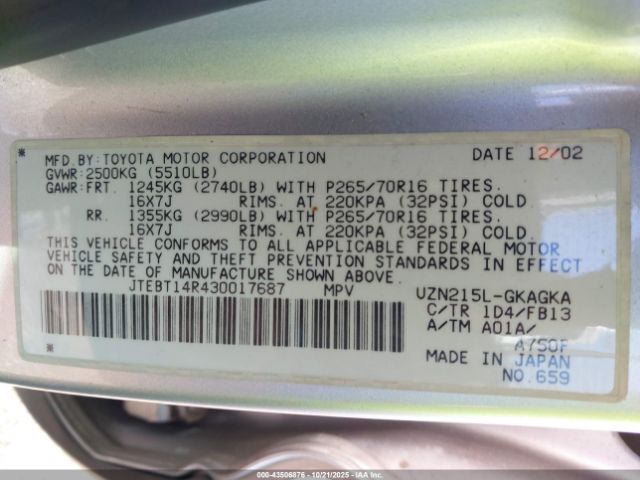 2003 TOYOTA 4RUNNER JTEBT14R430017687 Photo 8