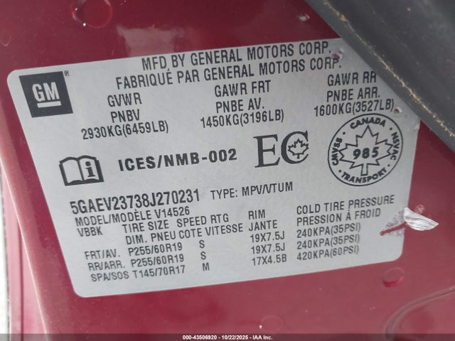 Продажа на аукционе авто 2008 Buick Enclave Cxl, vin: 5GAEV23738J270231, номер лота: 43506920