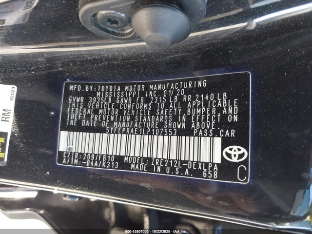 2020 Toyota Corolla Le მანქანა იყიდება აუქციონზე, vin: 5YFEPRAE1LP107553, აუქციონის ნომერი: 43507002