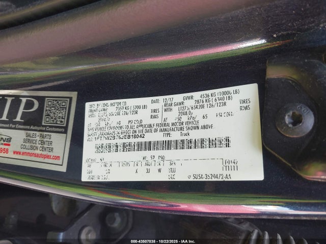 2018 Ford F-250 Lariat მანქანა იყიდება აუქციონზე, vin: 1FT7W2BT6JEB18042, აუქციონის ნომერი: 43507038