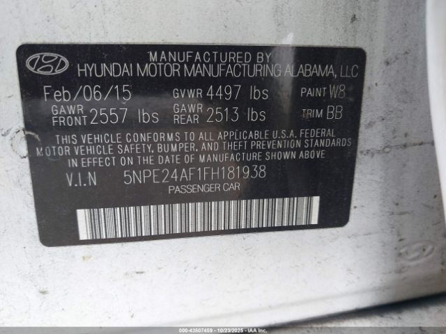 2015 HYUNDAI SONATA 5NPE24AF1FH181938 Photo 8