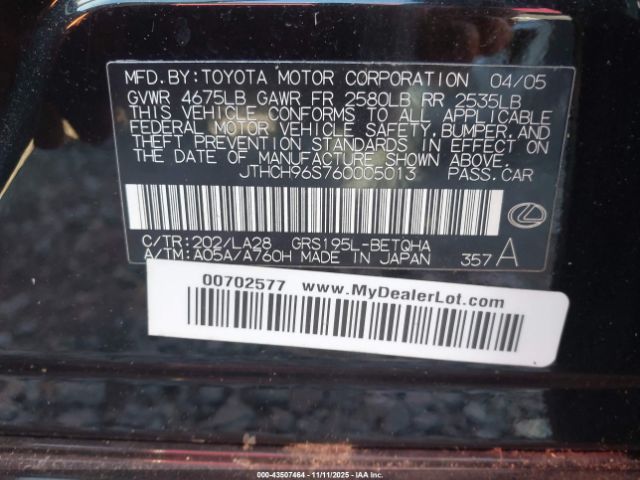 2006 LEXUS GS 300 JTHCH96S760005013 Photo 8