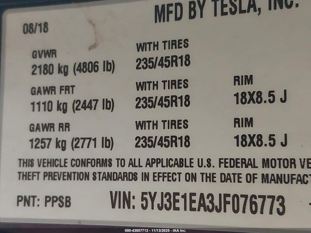 2018 TESLA MODEL 3 5YJ3E1EA3JF076773 Photo 8