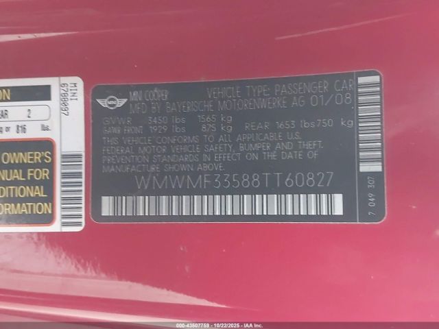 2008 MINI COOPER WMWMF33588TT60827 Photo 8