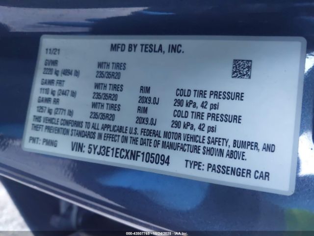 2022 TESLA MODEL 3 5YJ3E1ECXNF105094 Photo 8