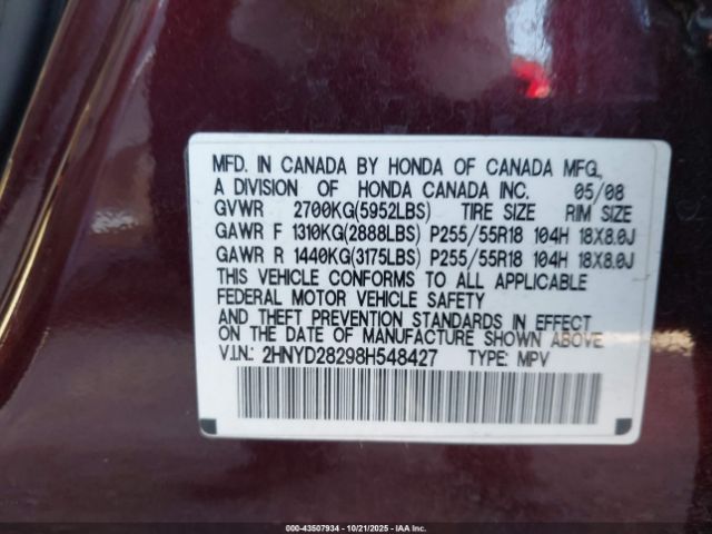 2008 ACURA MDX 2HNYD28298H548427 Photo 8