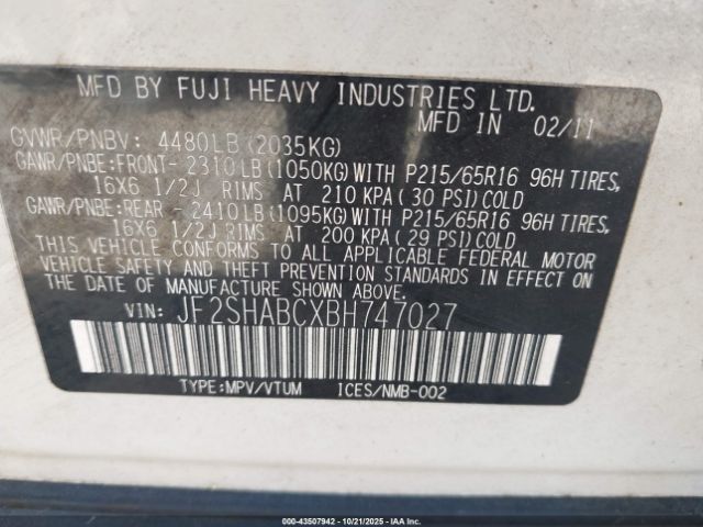 2011 SUBARU FORESTER JF2SHABCXBH747027 Photo 8