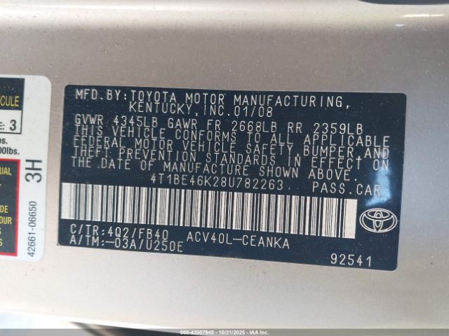 2008 TOYOTA CAMRY 4T1BE46K28U782263 Photo 8