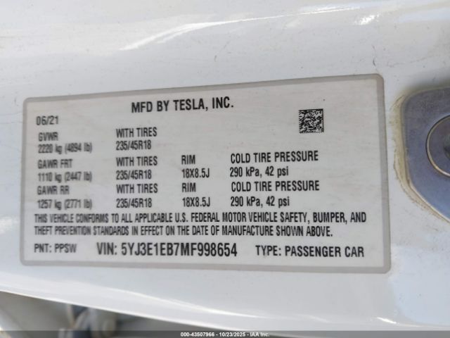 2021 TESLA MODEL 3 5YJ3E1EB7MF998654 Photo 8