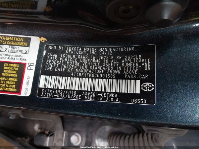2012 TOYOTA CAMRY 4T1BF1FK0CUO91589 Photo 8