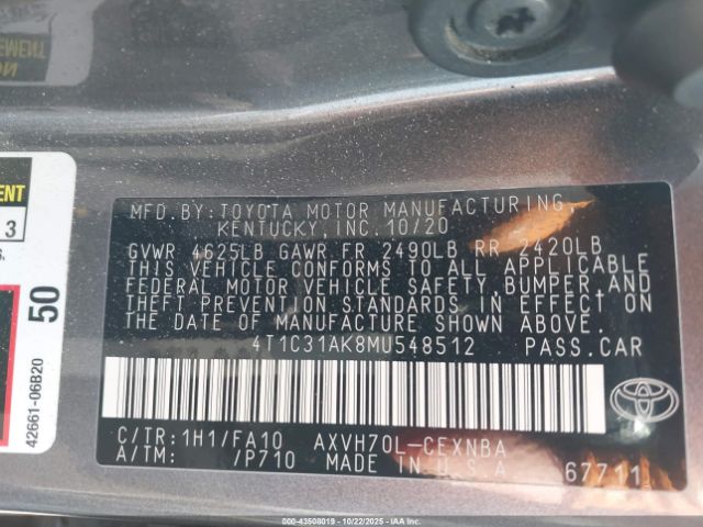 2021 TOYOTA CAMRY 4T1C31AK8MU548512 Photo 8