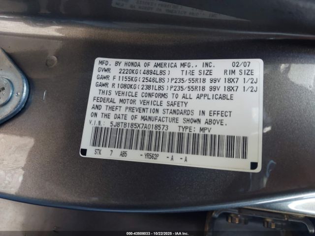 2007 ACURA RDX 5J8TB185X7A018573 Photo 8