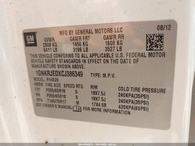 2012 CHEVROLET TRAVERSE 1GNKRJEDXCJ386349 Photo 8