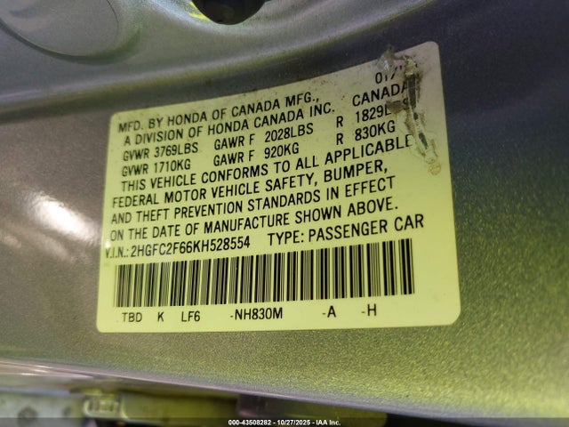 Honda Civic Lx 2019 2HGFC2F66KH528554 Image 9
