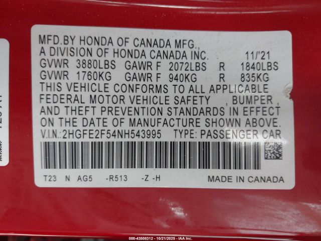 2022 HONDA CIVIC 2HGFE2F54NH543995 Photo 8