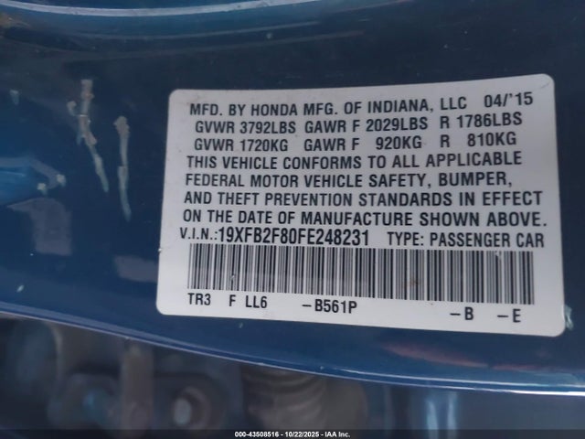 Honda r18z1 2015 19XFB2F80FE248231 Image 9