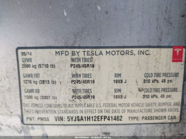 2014 TESLA MODEL S 5YJSA1H12EFP41462 Photo 8