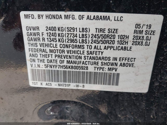 5FNYF7H56KB005928 Honda Passport Ex-l