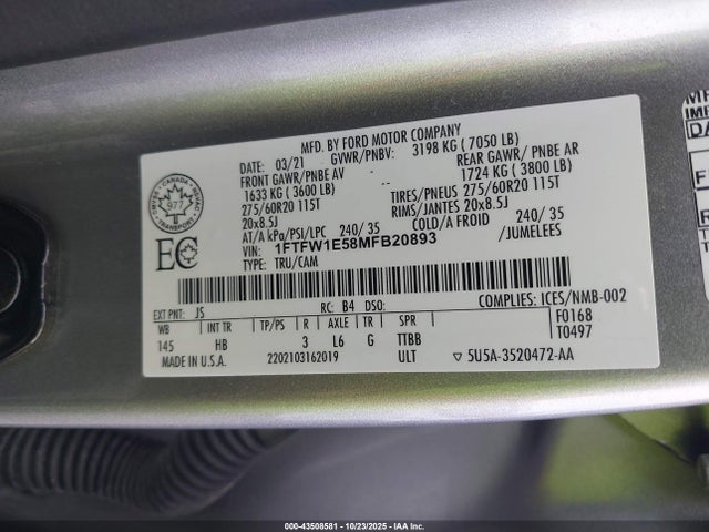 Ford F-150 Lariat 2021 1FTFW1E58MFB20893 Image 9