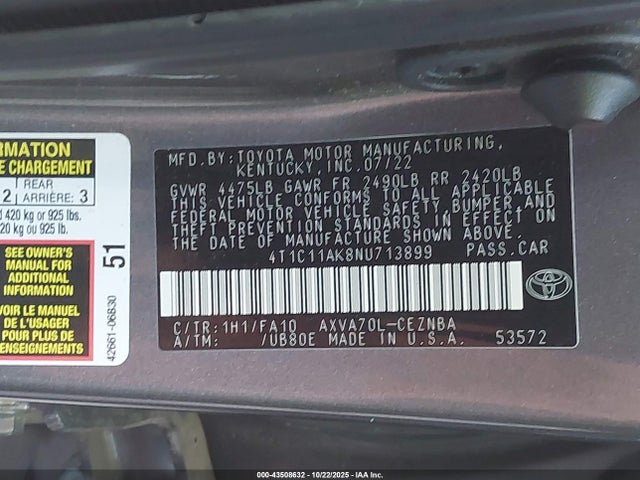 4T1C11AK8NU713899 Toyota CAMRY LE