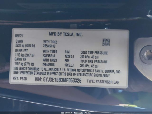 2021 TESLA MODEL 3 5YJ3E1EB3MF063325 Photo 8