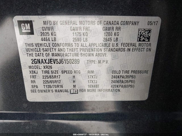 2018 Chevrolet Equinox Lt მანქანა იყიდება აუქციონზე, vin: 2GNAXJEV5J6150289, აუქციონის ნომერი: 43508727