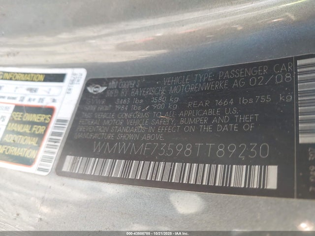 2008 MINI COOPER S WMWMF73598TT89230 Photo 8