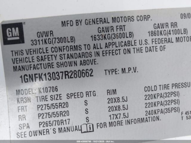 2007 CHEVROLET TAHOE 1GNFK13037R280662 Photo 8