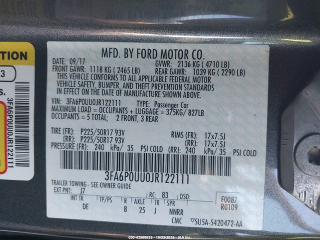 Ford Fusion Hybrid S 2018 3FA6P0UU0JR122111 Image 9