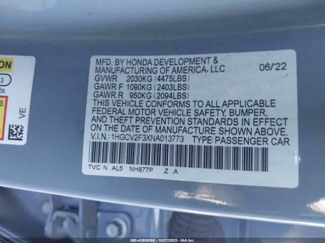 2022 HONDA ACCORD 1HGCV2F3XNA013773 Photo 8