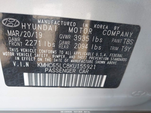 2019 Hyundai Ioniq Hybrid Blue მანქანა იყიდება აუქციონზე, vin: KMHC65LC8KU155921, აუქციონის ნომერი: 43509288