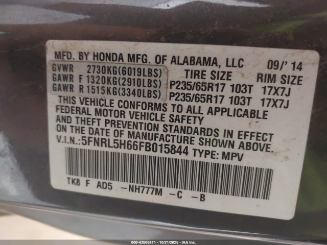 Honda Odyssey Ex-l 2015 5FNRL5H66FB015844 Image 9