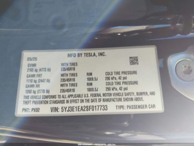 2025 TESLA MODEL 3 5YJ3E1EA2SF017733 Photo 8