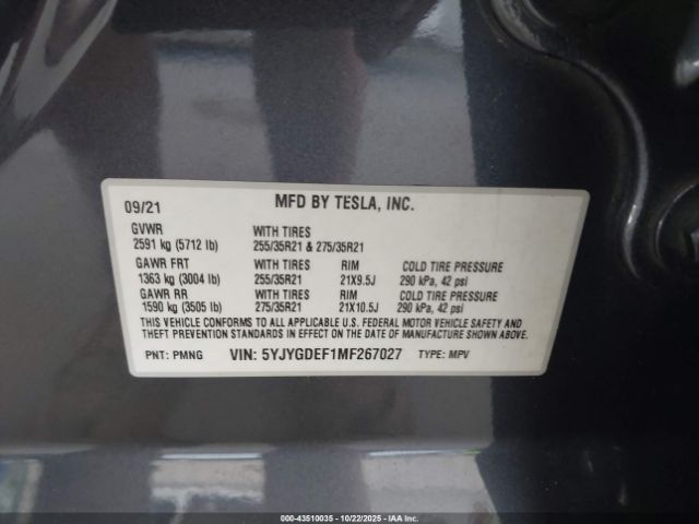2021 TESLA MODEL Y 5YJYGDEF1MF267027 Photo 8